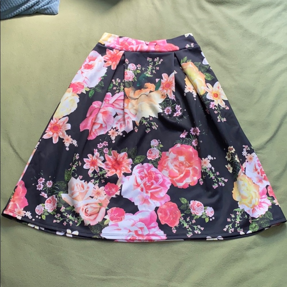 Black Floral Print Midi Skirt